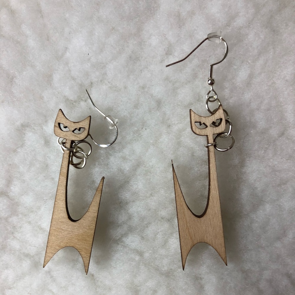 Handmade wooden cat dangle earrings hypoallergenic sterling silver metal